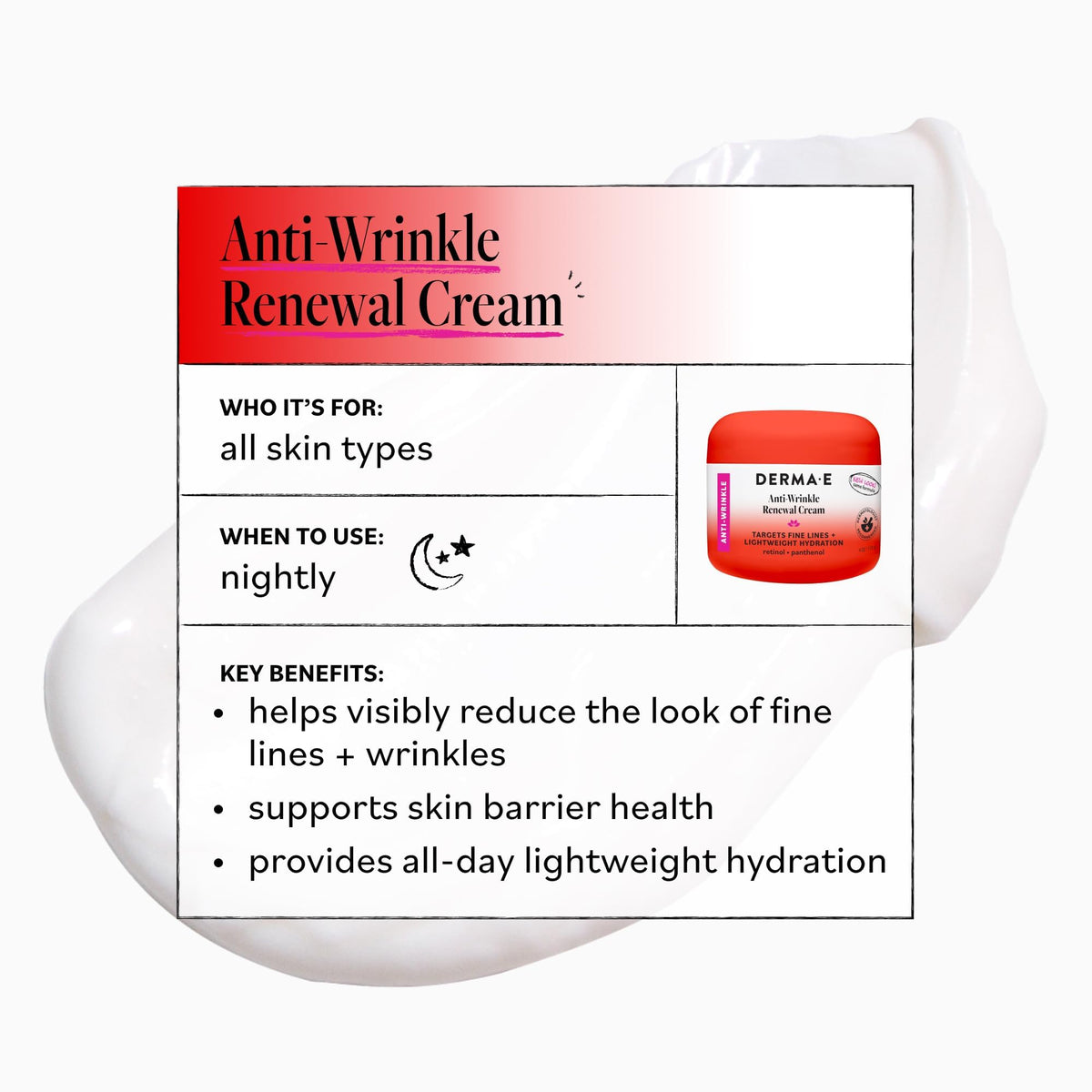 Derma E cream spread on hand to show application and quick moisturizing benefit
