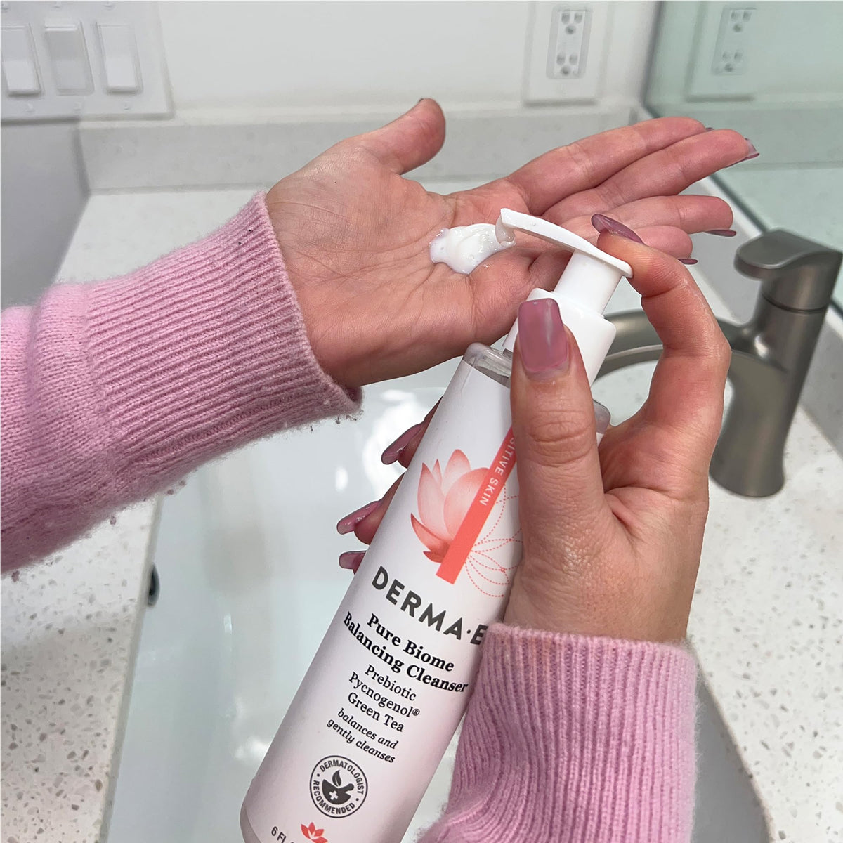 Derma E bottle styled next to towel suggesting routine ease