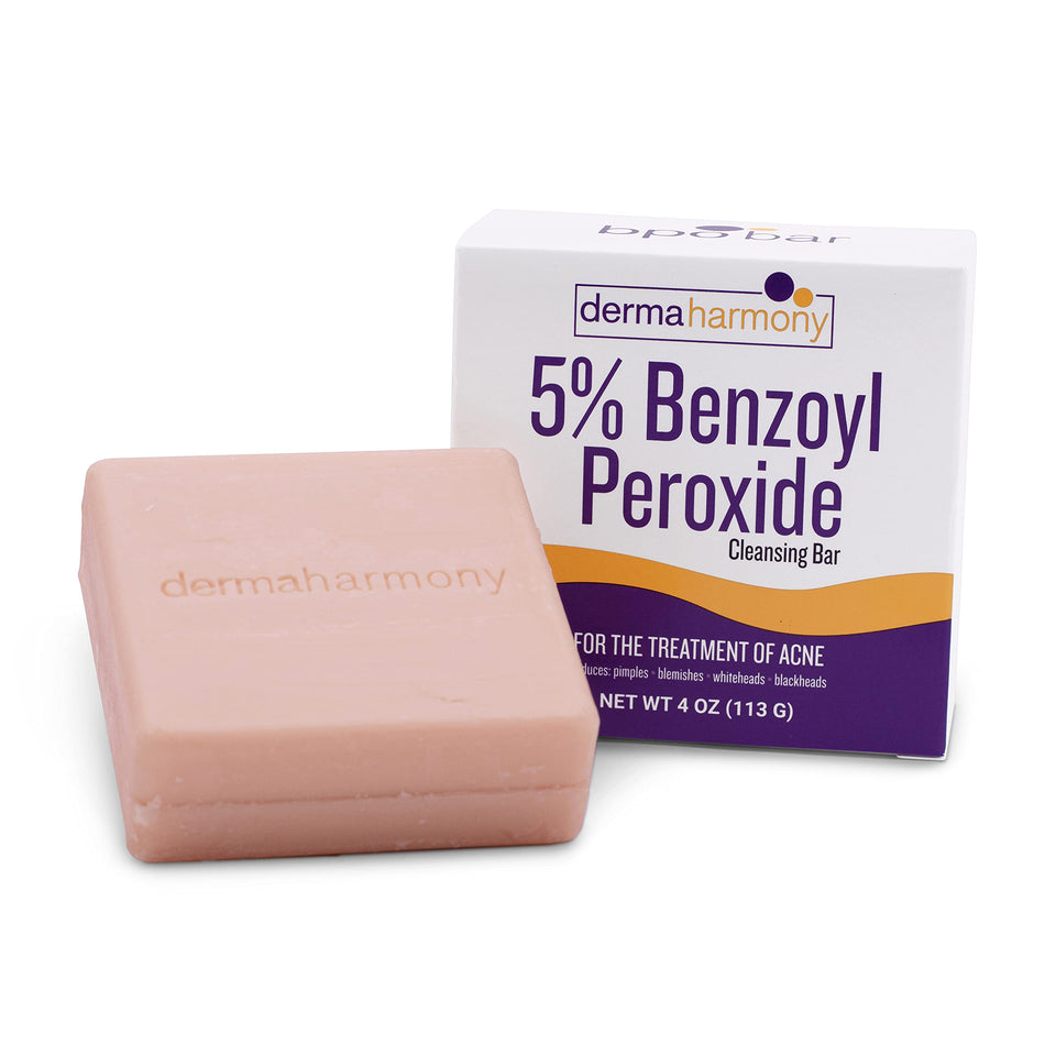 Dermaharmony front packaging of cleansing bar showing 5% BPO and acne benefit