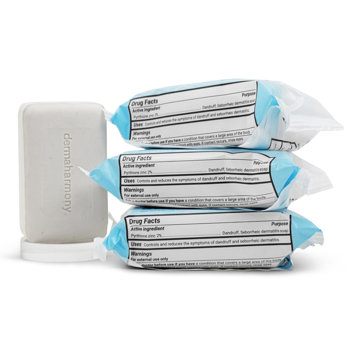 Dermaharmony front packaging showing three 4 oz bars and clear labeling benefit