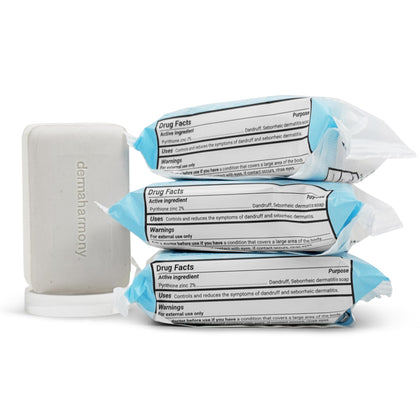 Dermaharmony front packaging showing three 4 oz bars and clear labeling benefit