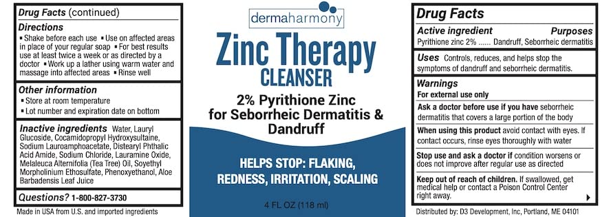 Dermaharmony bottle label and liquid texture close-up, shows ingredients and mild foam