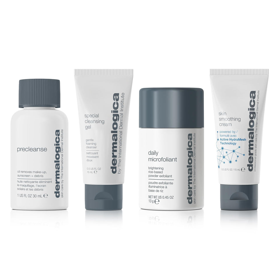 Dermalogica kit front packaging showing travel-sized products and easy routine benefit