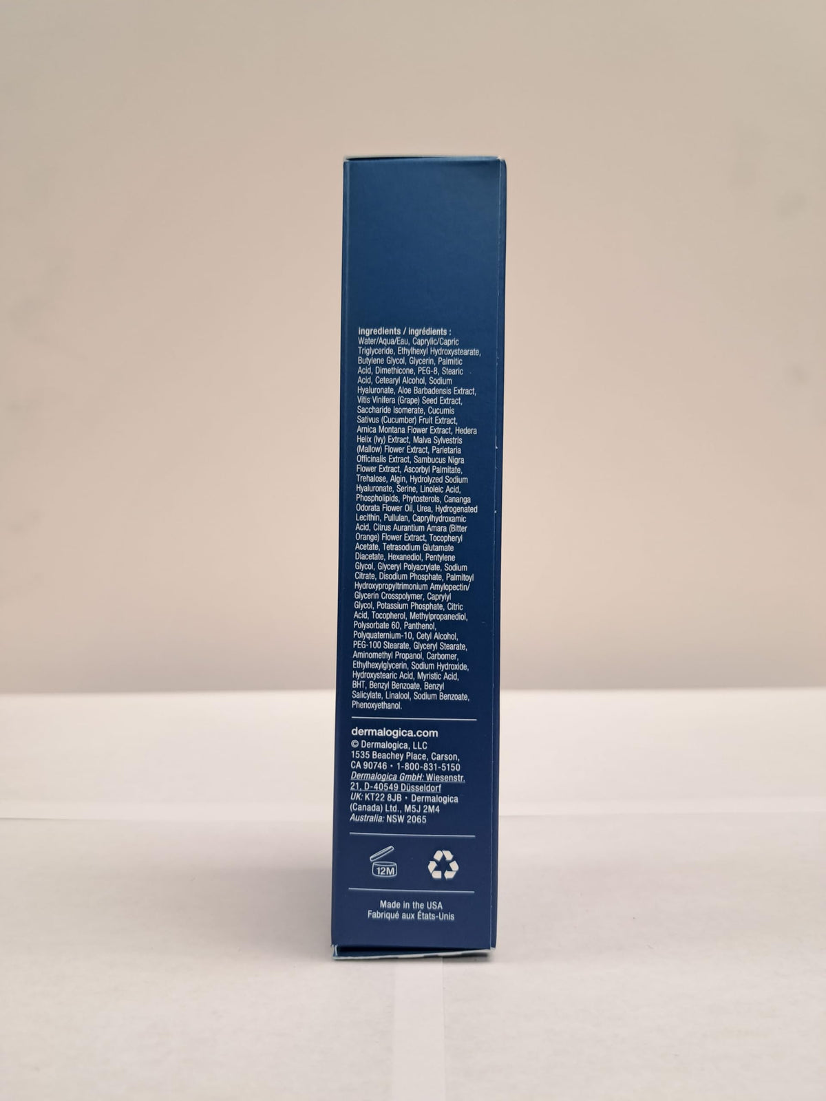 Dermalogica recyclable packaging back emphasizing sustainable packaging and care benefit