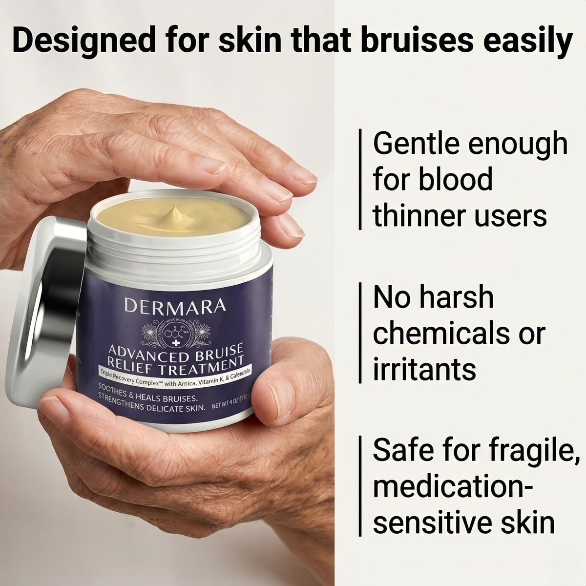 Dermara cream being applied to forearm demonstrating targeted bruise coverage benefit