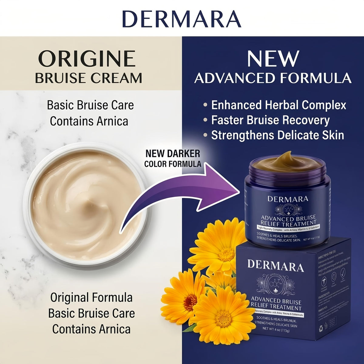Dermara ingredient label highlighting arnica and vitamins K C E for targeted care benefit