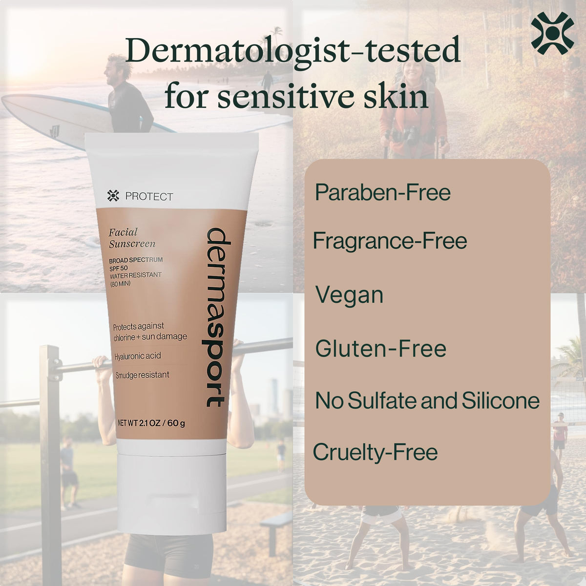 Close-up of Dermasport label with zinc oxide and hydrating ingredient highlights