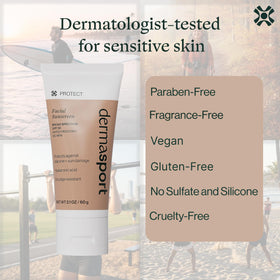 Close-up of Dermasport label with zinc oxide and hydrating ingredient highlights
