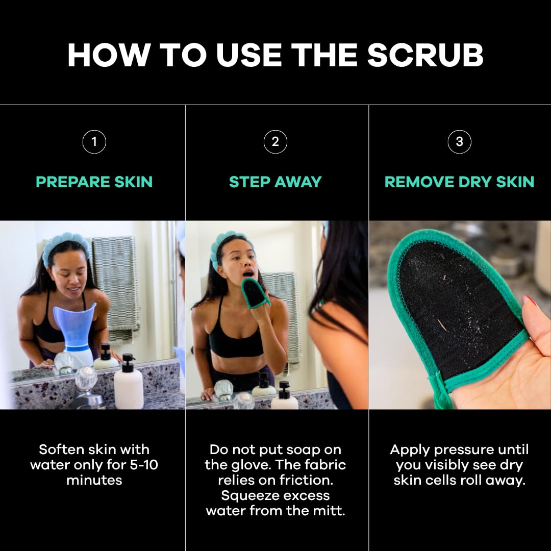 Dermasuri mitt used dry on cheek to remove flaky patches