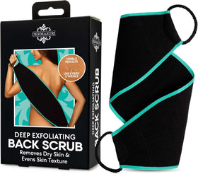 Dermasuri front view showing full 27-inch back scrubber, easy reach benefit