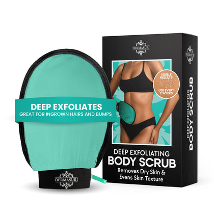 Dermasuri front view of teal exfoliating glove showing compact packaging and benefit of smoother skin