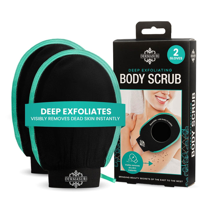 Dermasuri front packaging showing two exfoliating gloves and brand for reliable exfoliation