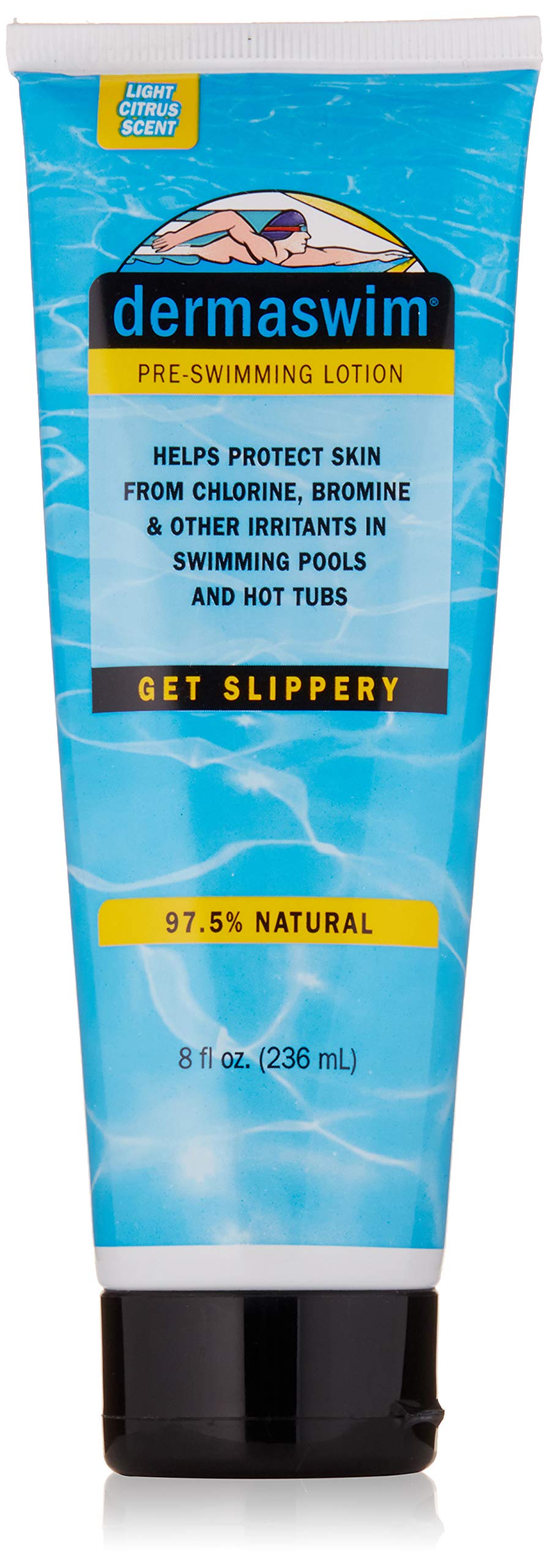 DermaSwim front bottle showing product and volume, protects skin before swimming