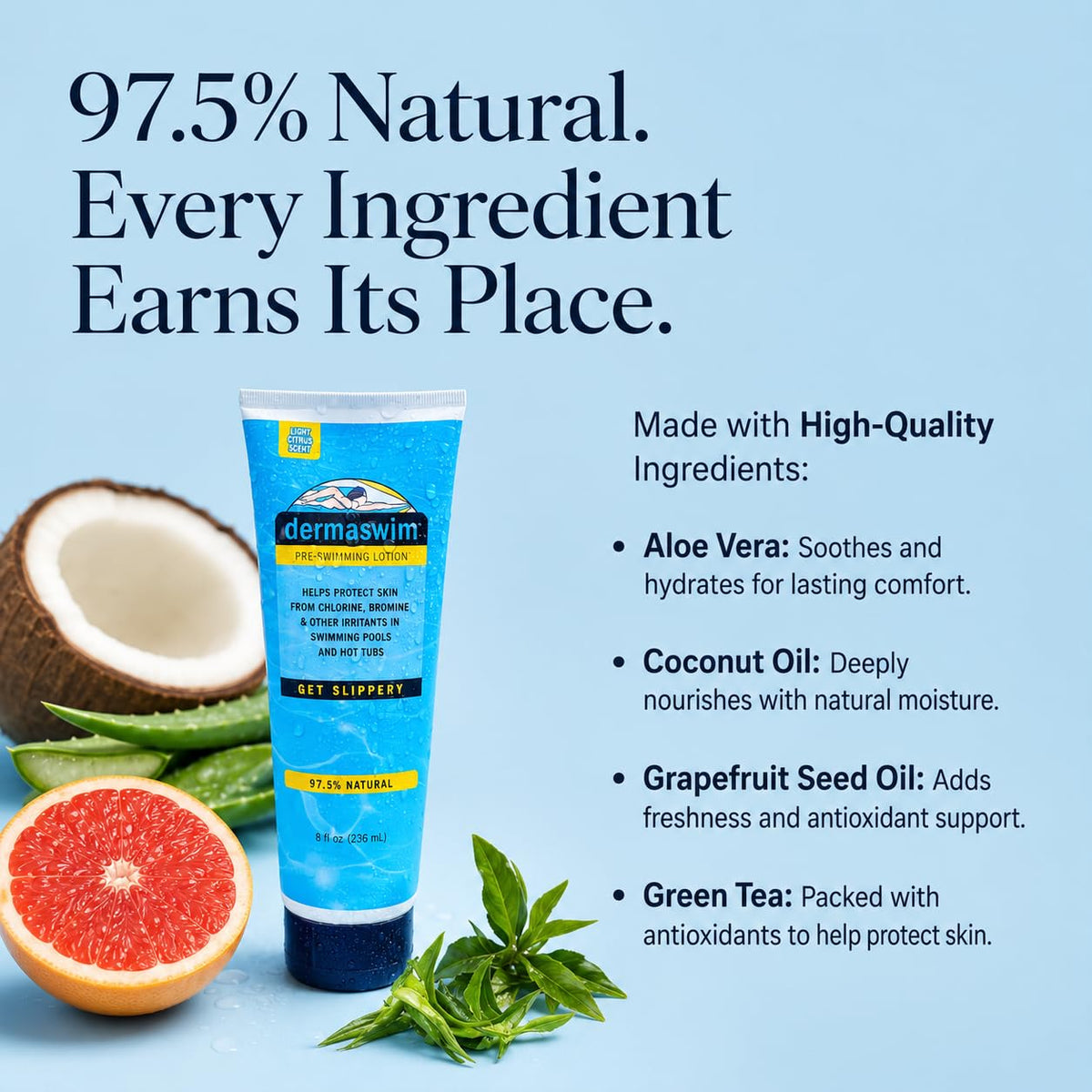 Close-up of DermaSwim label showing natural ingredients and paraben-free benefit