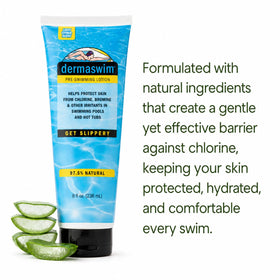 DermaSwim bottle poolside ready for use to guard skin against pool chemicals