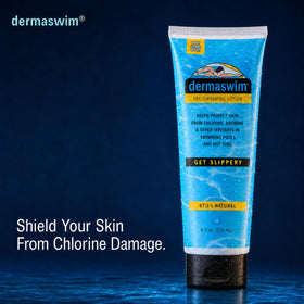 DermaSwim lotion texture close-up highlighting lightweight, moisturizing formula