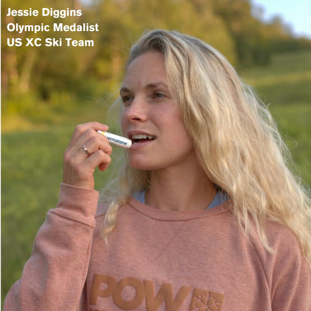 DERMATONE applying lip balm to lips for sun protection and hydration