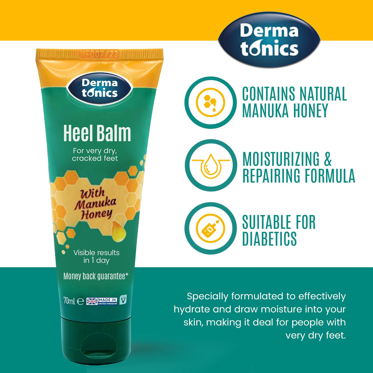 Dermatonics being applied to heel demonstrating targeted moisturization and softening