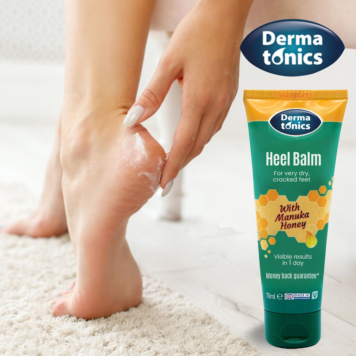 Dermatonics tube held in hand for scale highlighting compact 2.37 oz portability