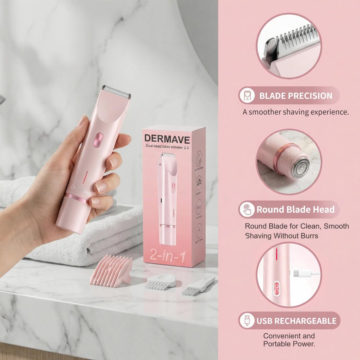Dermave comb attachment and USB-C cable displayed for length control and fast charging