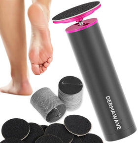 DERMAWAVE front view of electric callus remover showing controls and head, ergonomic benefit