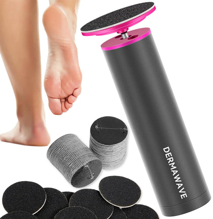 DERMAWAVE front view of electric callus remover showing controls and head, ergonomic benefit