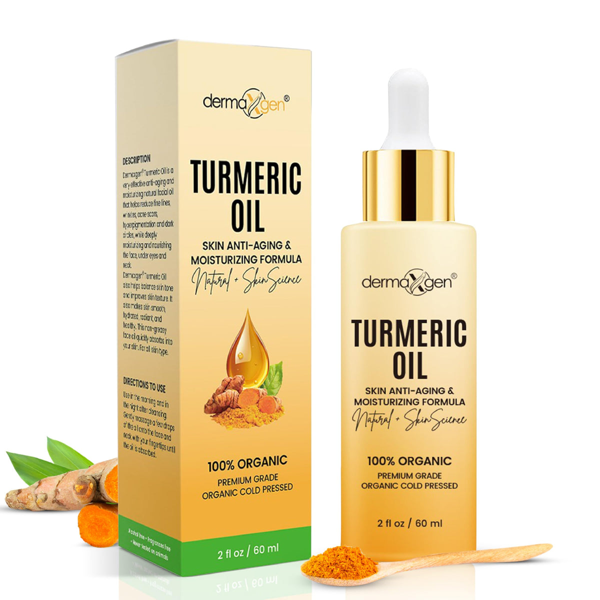 DERMAXGEN front bottle shot showing turmeric oil packaging and brightening benefit