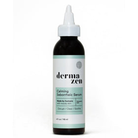 Dermazen front bottle showing calming serum, clear branding and benefit