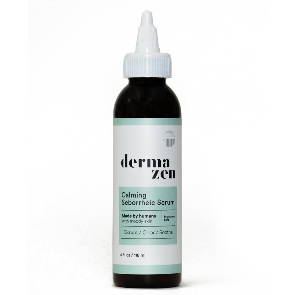 Dermazen front bottle showing calming serum, clear branding and benefit