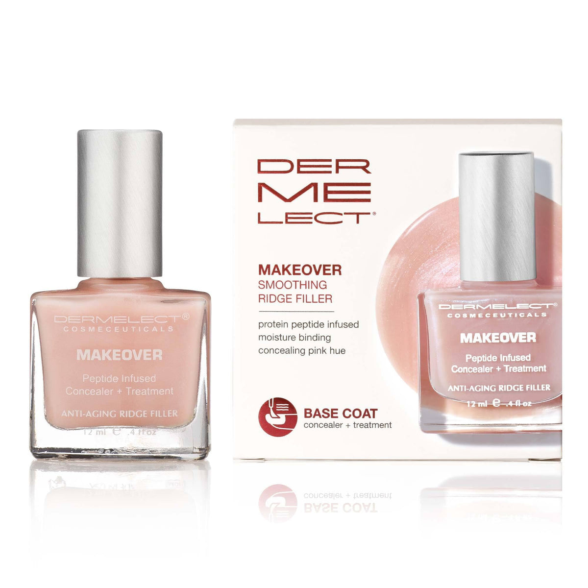 Dermelect front packaging showing product and soft pink finish benefit