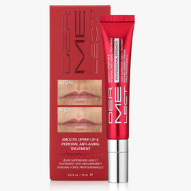 Dermelect front tube showing 15ml product and branding for targeted lip renewal