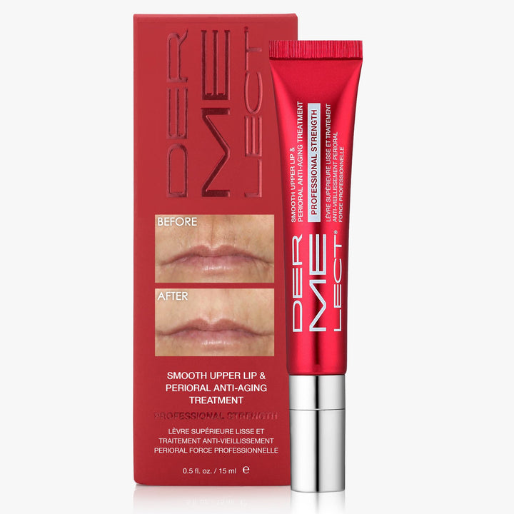 Dermelect front tube showing 15ml product and branding for targeted lip renewal