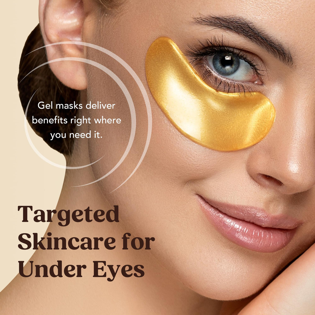 DERMORA model wearing patches under eyes demonstrating application benefit