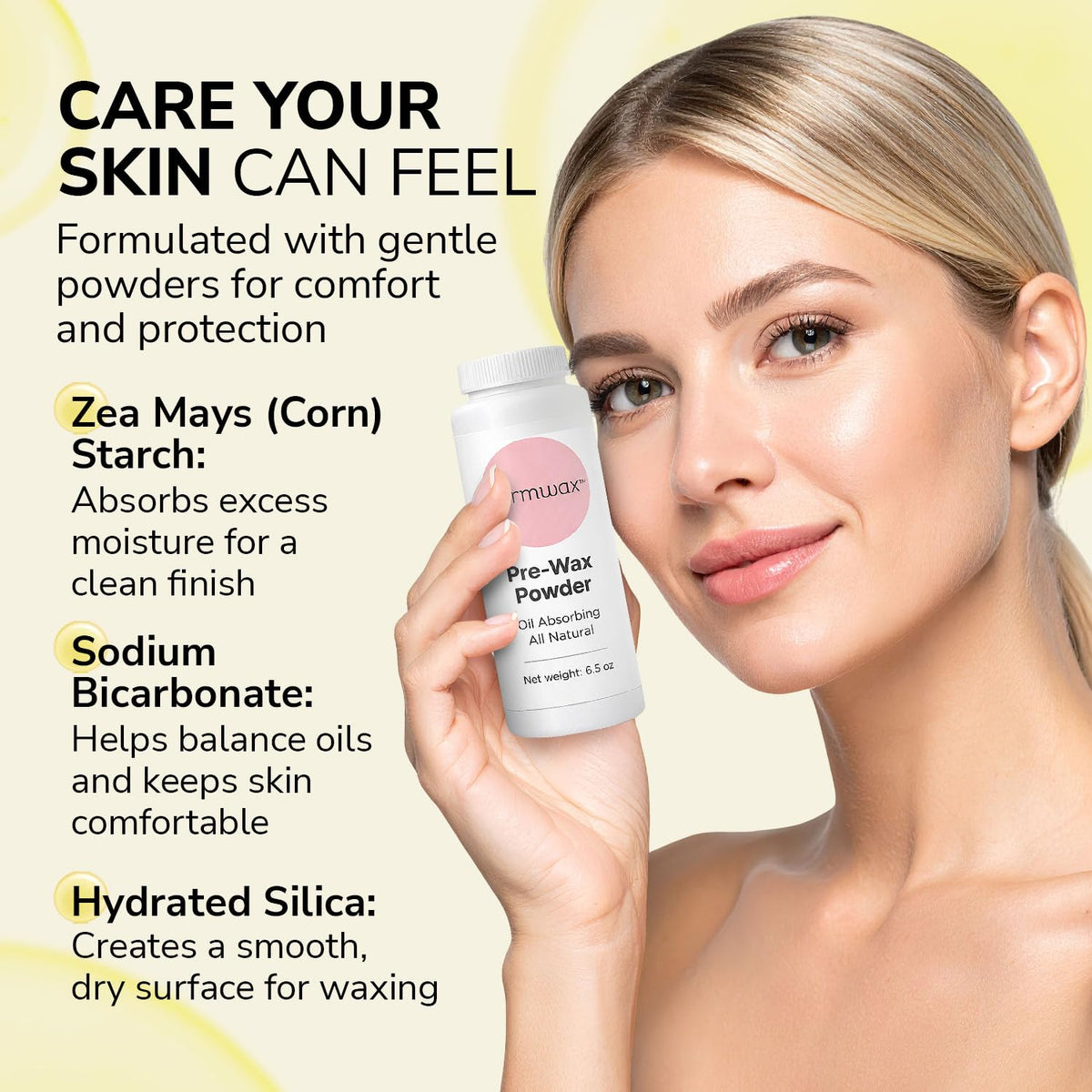 Dermwax ingredient label close-up highlighting talc-free natural formulation reassurance