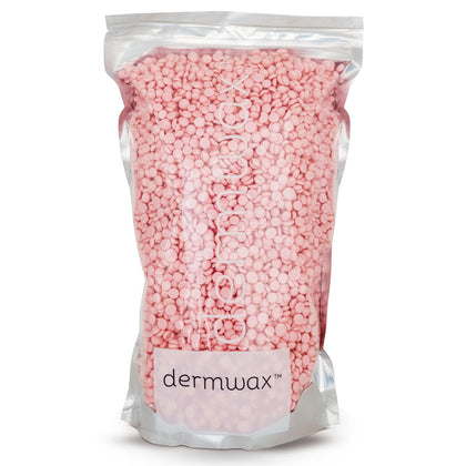Dermwax front jar showing pink chiffon beads and neat packaging benefit: easy identification