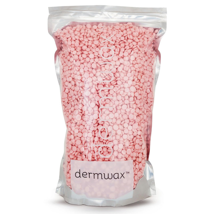 Dermwax front jar showing pink chiffon beads and neat packaging benefit: easy identification