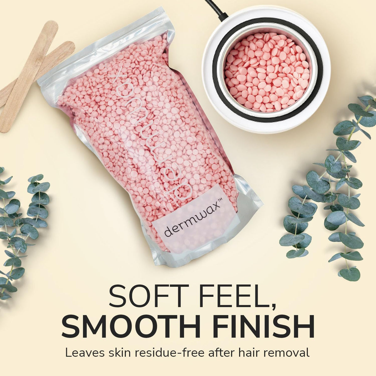 Dermwax label close-up revealing product name and gentle fragrance benefit
