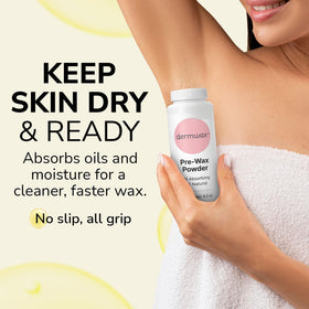 Dermwax powder applied to forearm prepping skin for wax with improved adhesion benefit