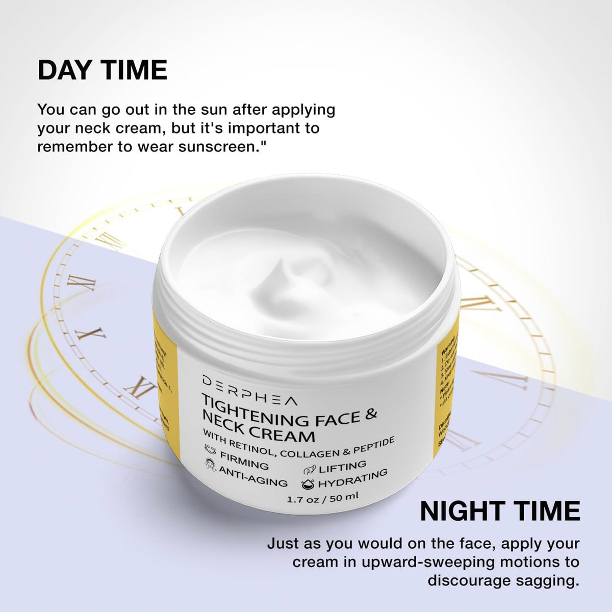 DERPHEA cream on décolleté in lifestyle setting for hydrated skin look