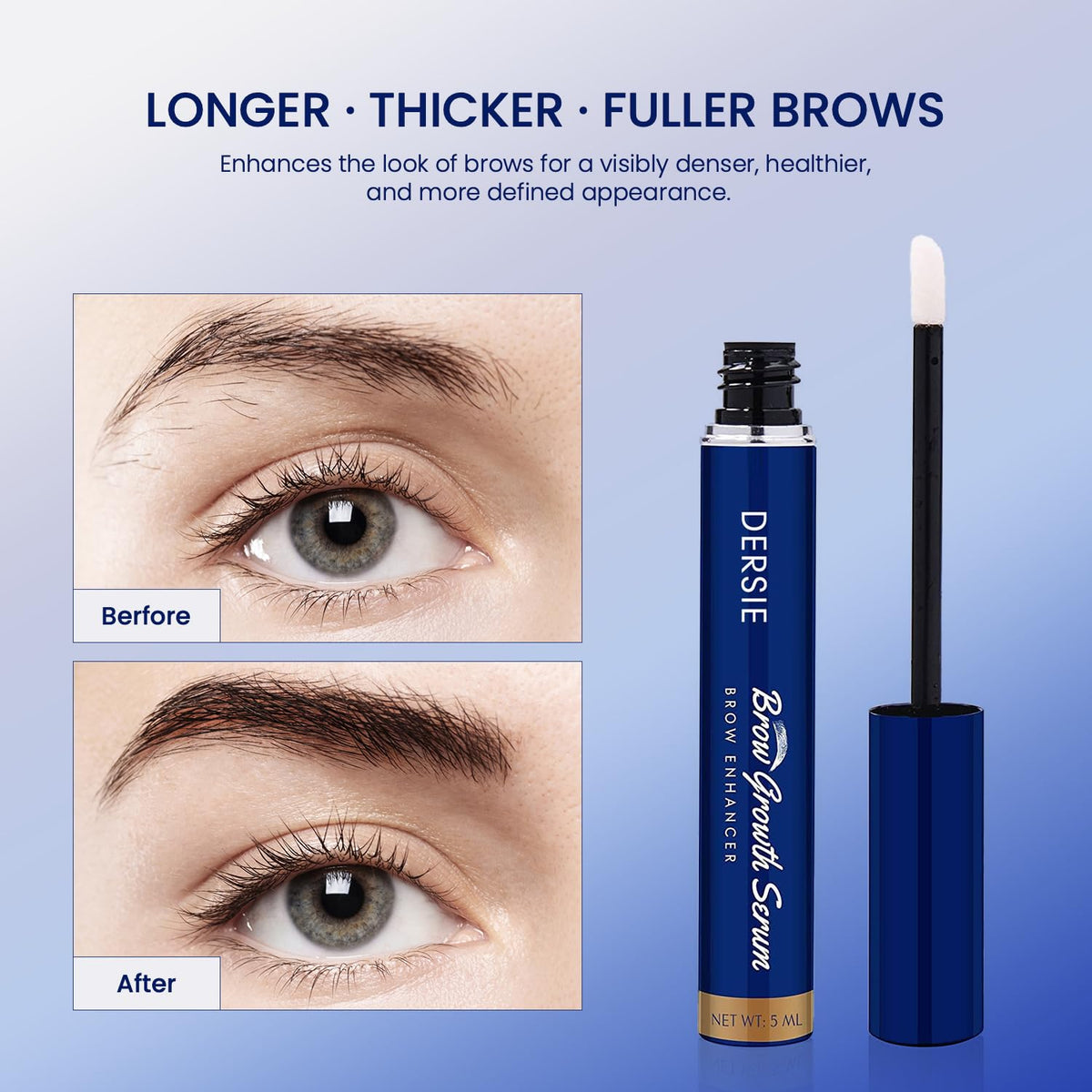 Dersie before and after concept illustrating fuller-looking brows benefit