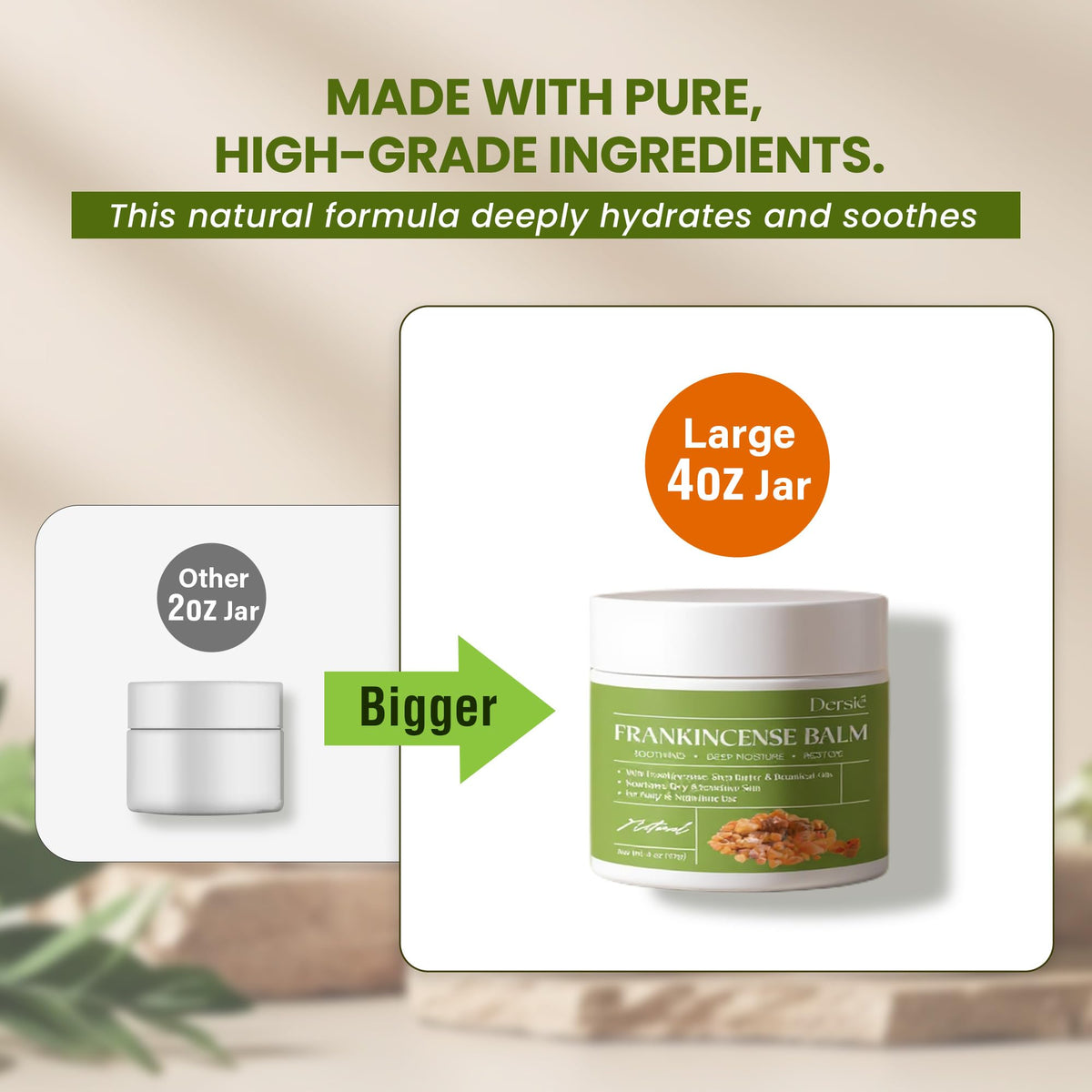 Dersie jar beside a hand demonstrating the generous 4 oz size