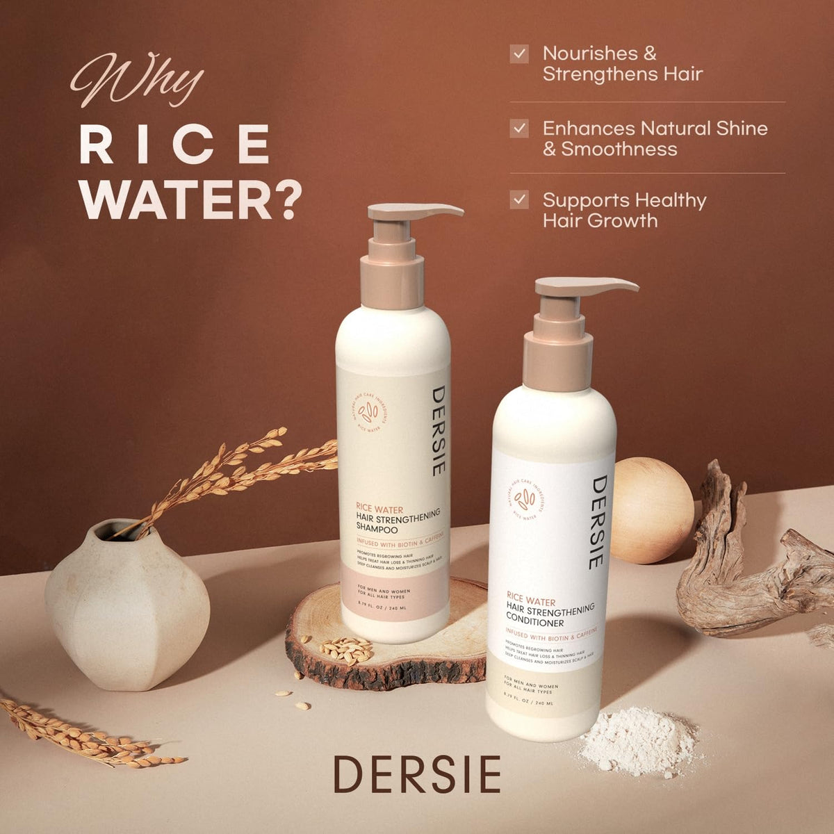 Dersie pump bottle close-up label highlighting rice water biotin caffeine blend