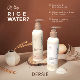 Dersie pump bottle close-up label highlighting rice water biotin caffeine blend