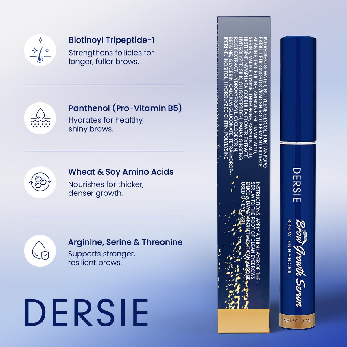 Dersie serum applied on brow in use demonstrating easy nightly application benefits