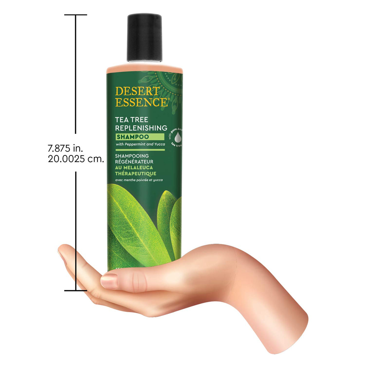 Desert Essence shampoo bottle staged in bathroom showing everyday scalp refreshment