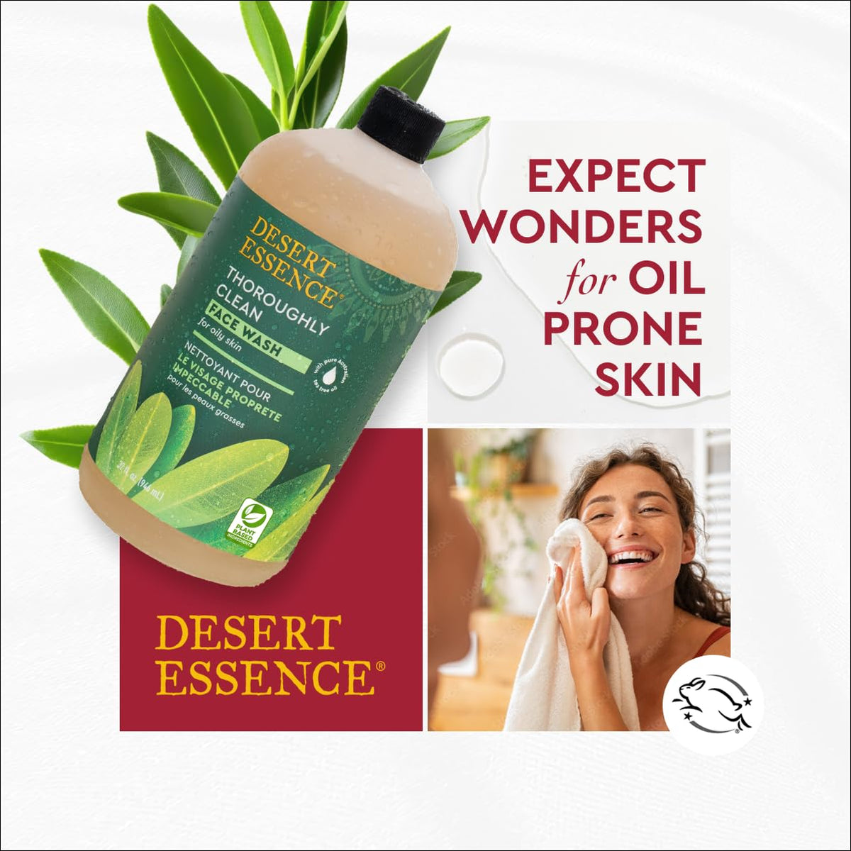 Desert Essence bottle in hand to show 32 fl oz scale and long-lasting value