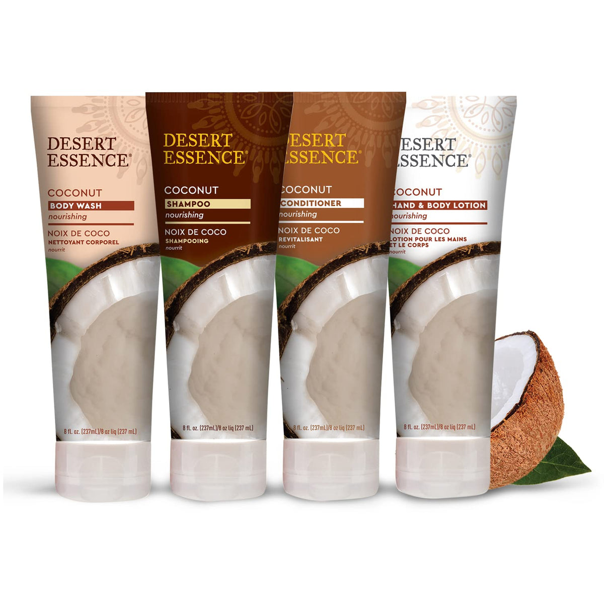 Desert Essence before and after hair comparison showing reduced frizz and shine