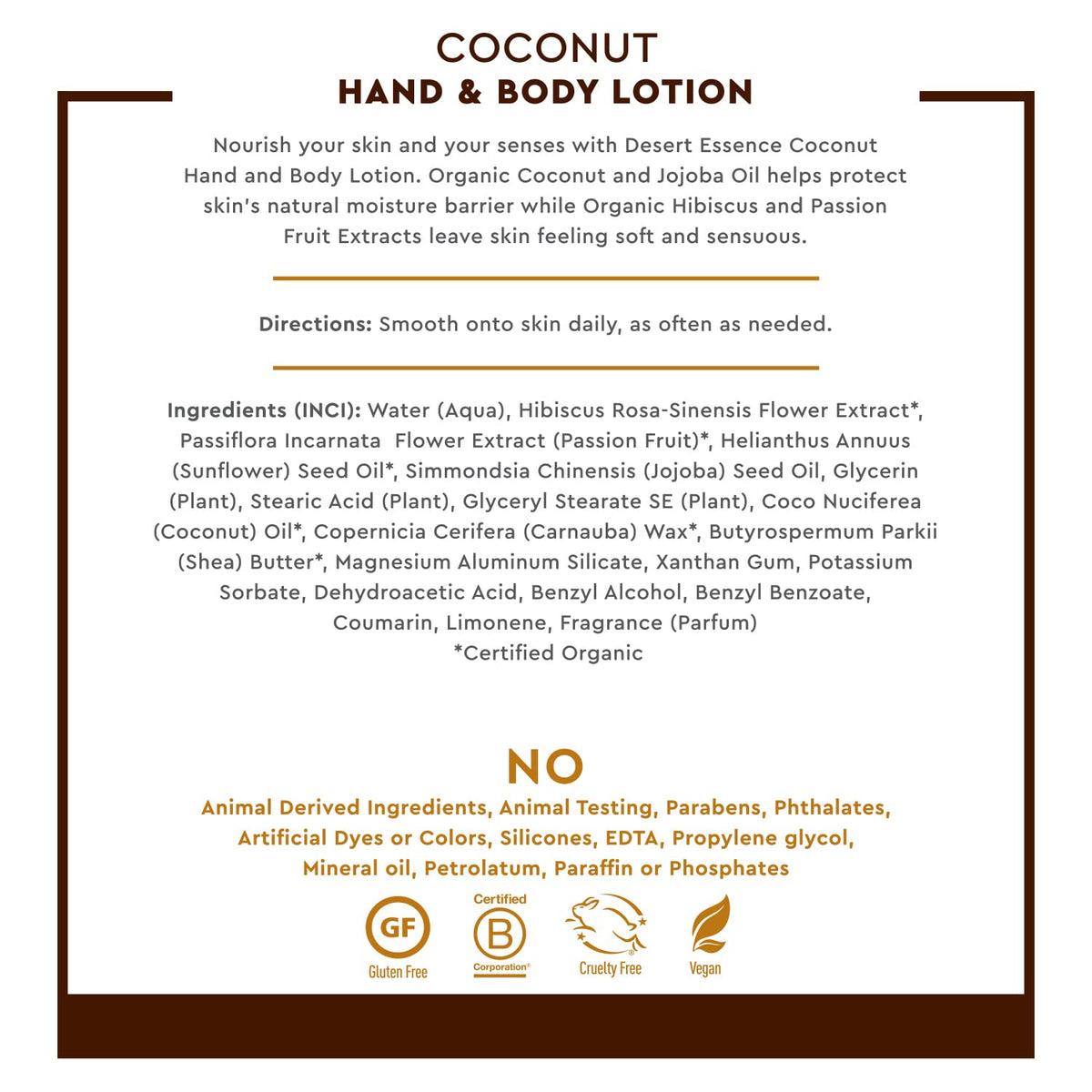 Desert Essence ingredient label highlighting organic coconut and jojoba benefits