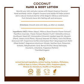 Desert Essence ingredient label highlighting organic coconut and jojoba benefits
