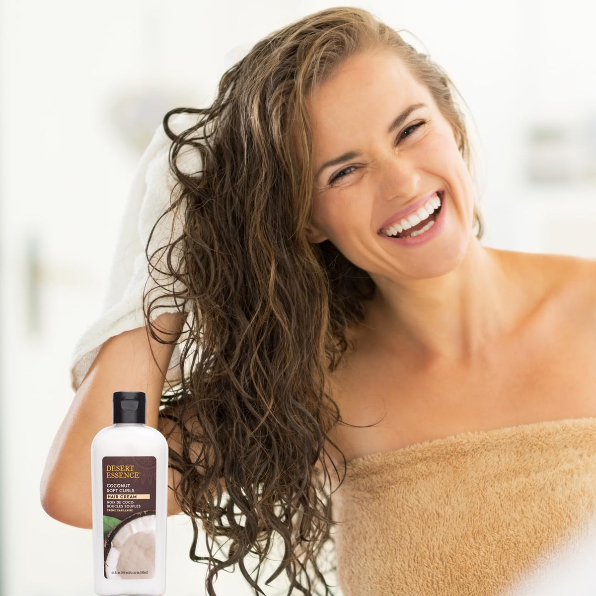 Desert Essence placed on bathroom shelf conveying daily styling ease